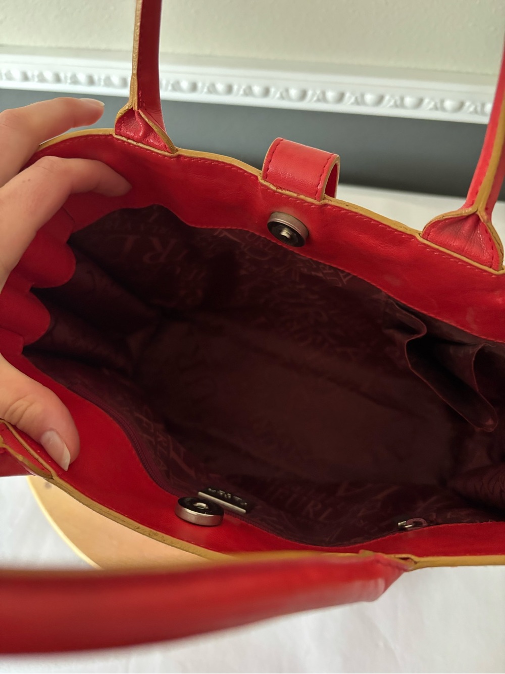 Furla Vintage Italian Cherry Red Leather Tote with Belt-Style Accent - Picture 9 of 9